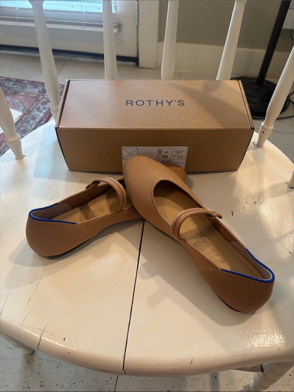 Rothy's Tan Mary Jane Flats with Blue Trim